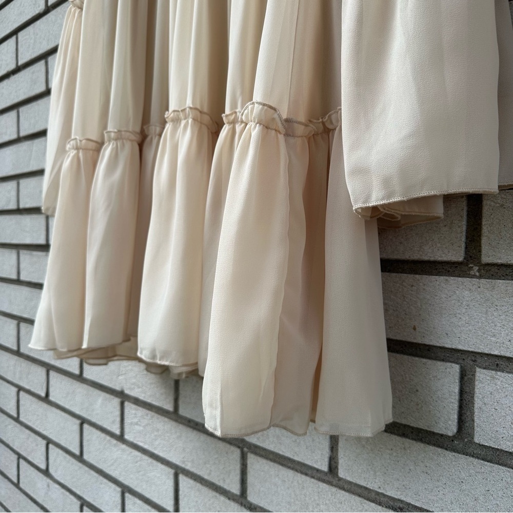 NWT Missord Cream Chiffon Ruffle Mini Dress XL Plunge V Neck Long Bell Sleeve - Picture 10 of 16